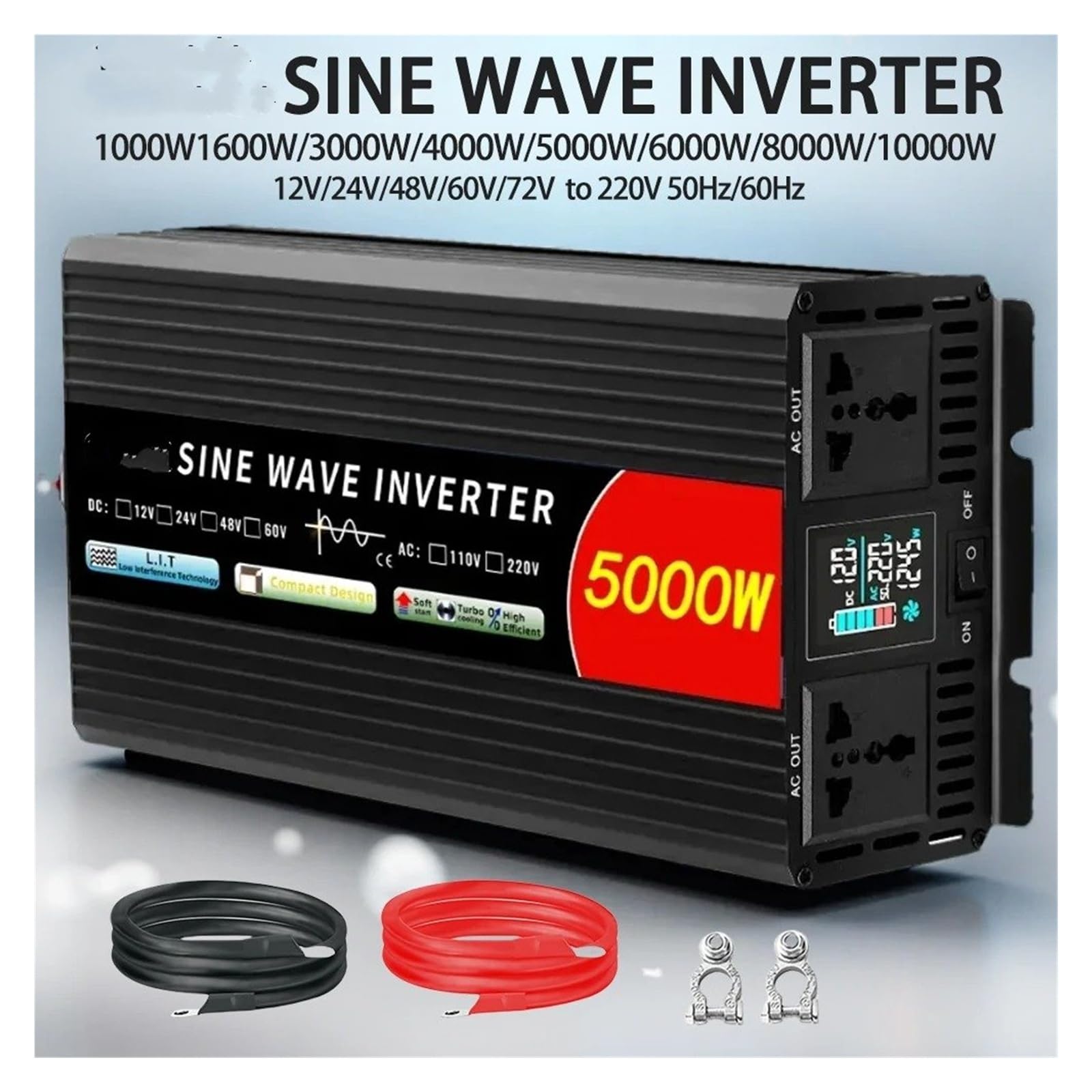 Onduleur Voiture Onduleur Solaire Onde Sinusoïdale pour 12V/24V/48V/60V/72V DC À AC 220V 50Hz/60Hz 1000W 2000W 3000W 4000W 5000W 6000W 8000W Convertisseur