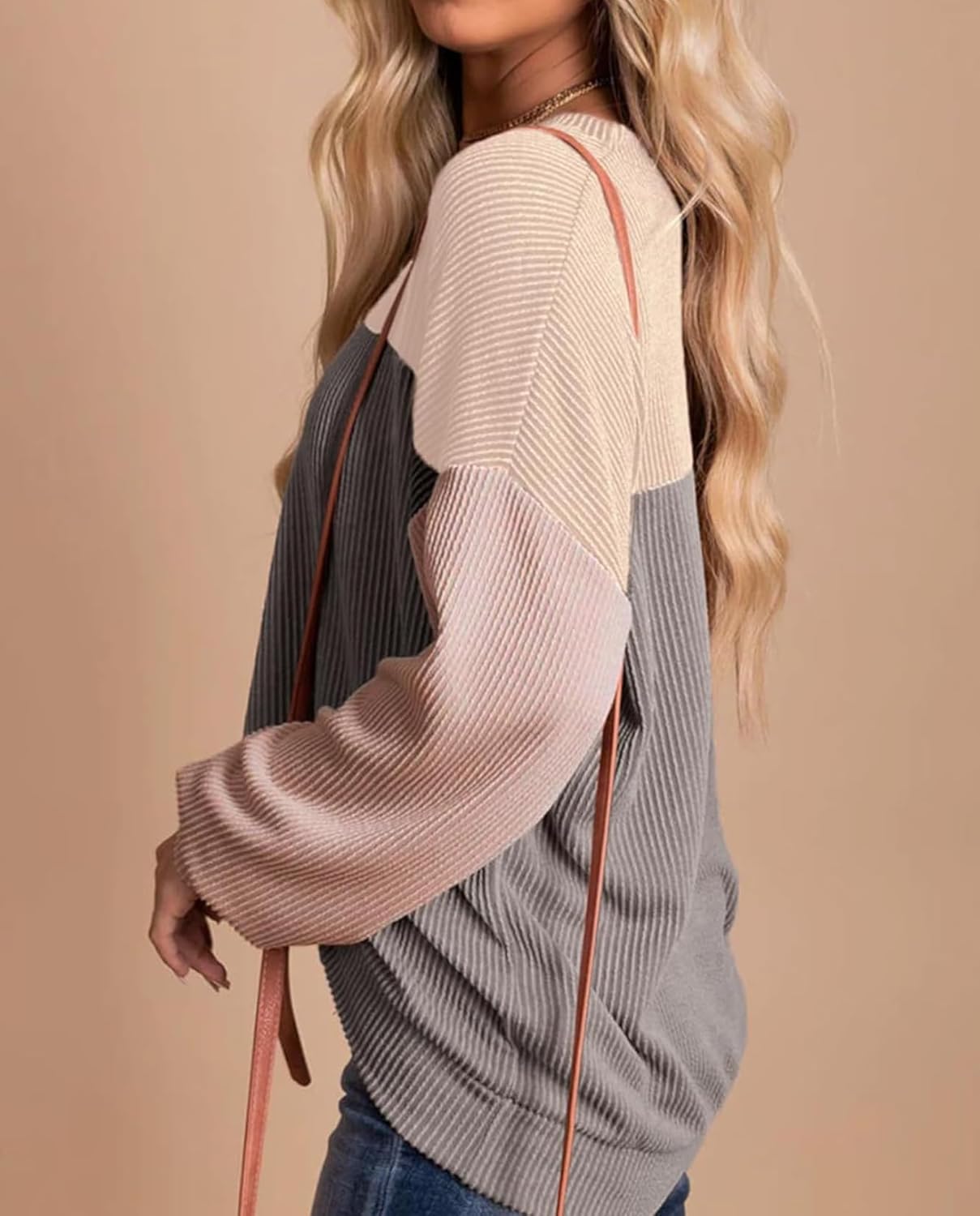 Womens Pullover Long Sleeve Sweatshirt Fashionable Striped Multicolor Patchwork Casual Loose Sweatshirt - Image 2