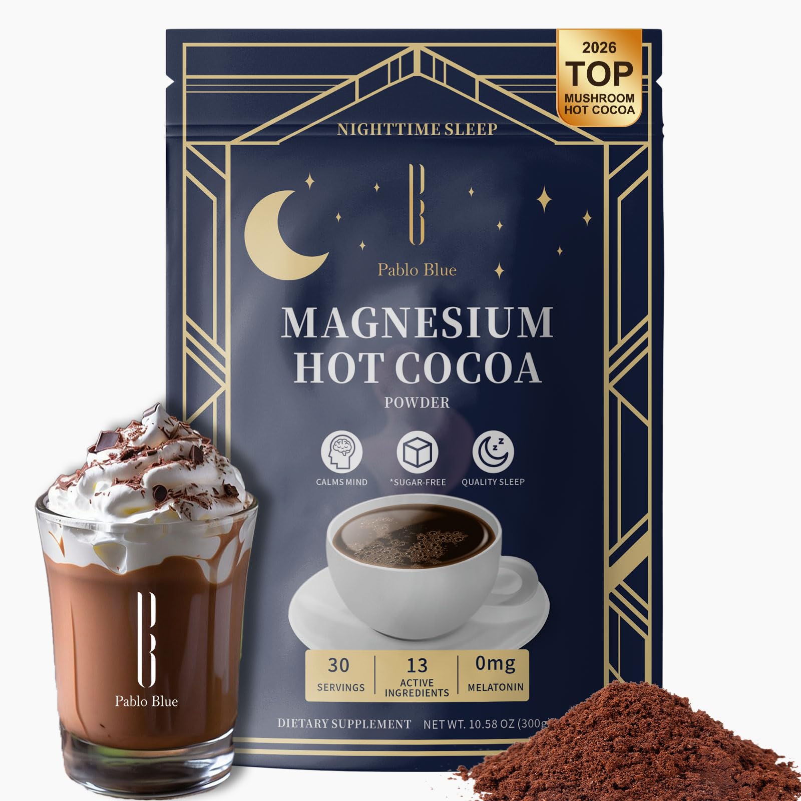 Pablo Blue Nighttime Sleep Hot Cocoa | Mushroom Hot Cocoa Sleep Aid with Magnesium Glycinate | Sugar & Melatonin-Free | Magnesium Hot Chocolate Powder for Adults, Vegan & Keto, 10.58oz/30 Serv.