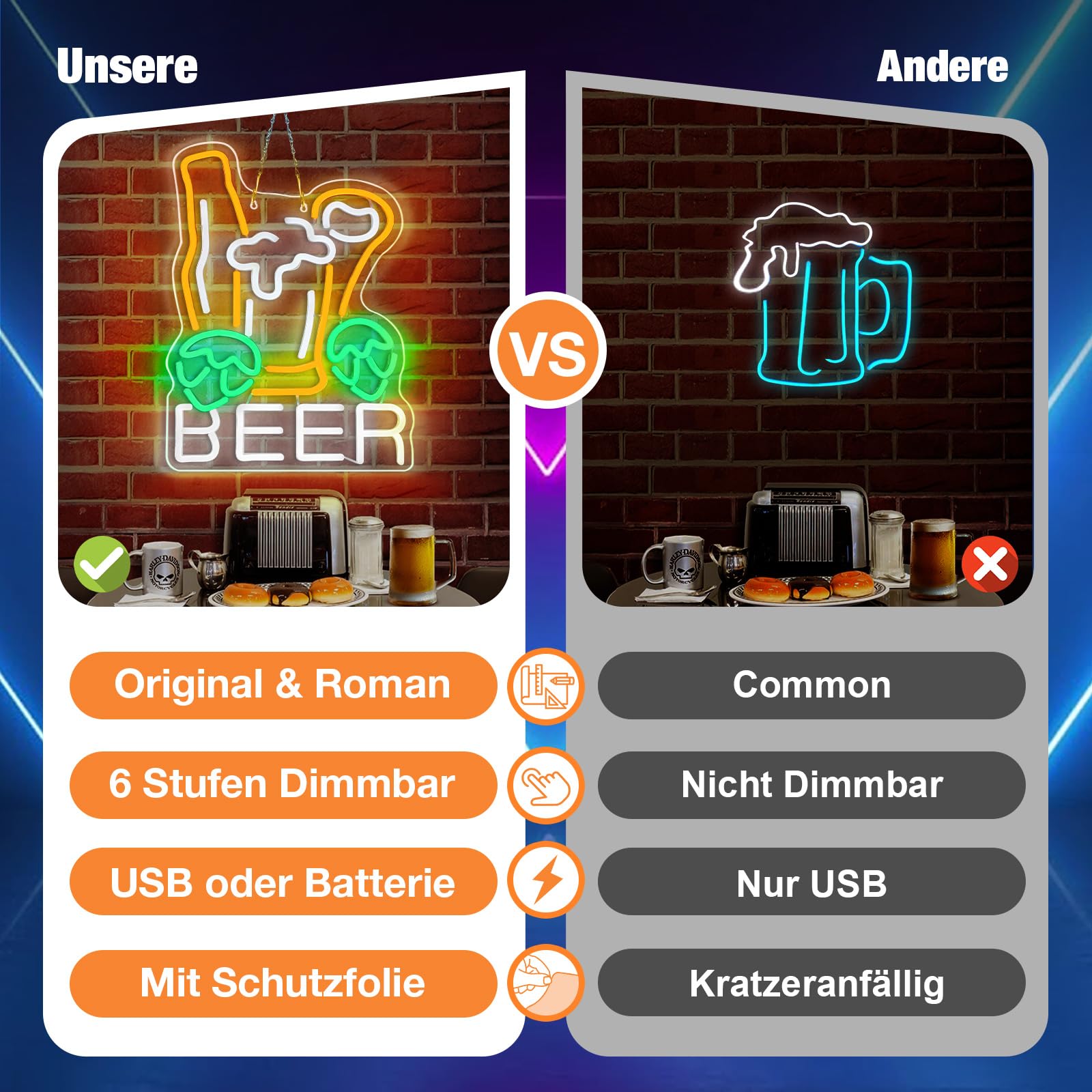Insegna Luminosa Al Neon Birra 40x30 Cm | Dimmerabile Con Batteria E USB | Decorazione Led Per Bar, Pub E Feste - 2