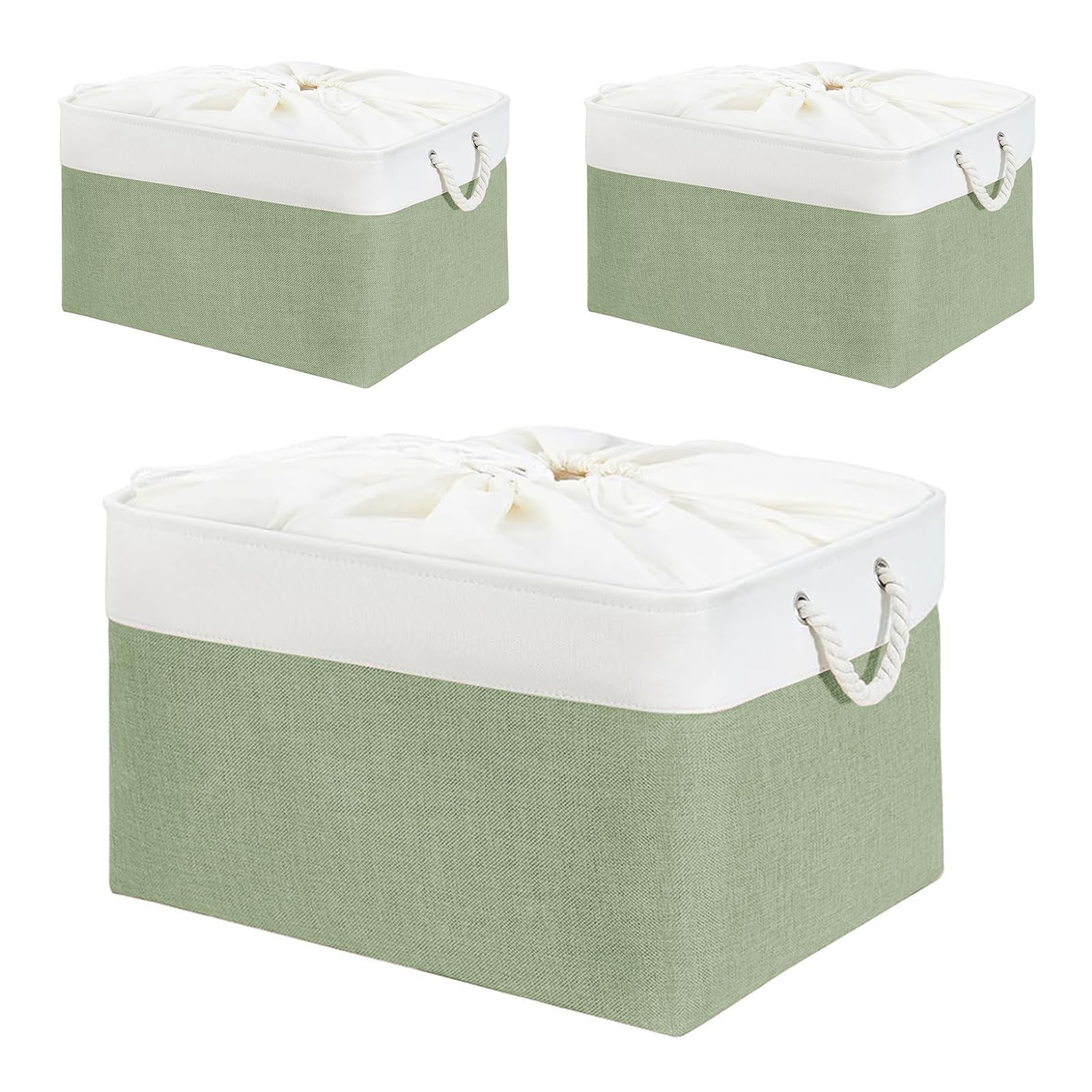 Mangata Set of 3 Soft Fabric Storage Baskets with Handles, Multi-Size, Rectangular Linen Organiser Boxes for Shelf & Wardrobe, 45x35x24 cm, Green & White (XLarge, 3 Packs)