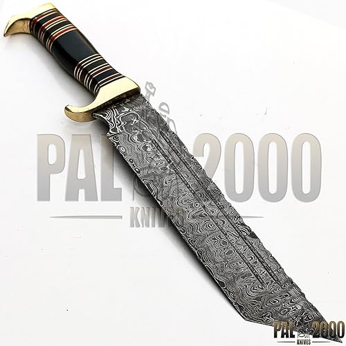 Miniatura 8 de HTK-9228 Cuchillo de caza de acero de Damasco hecho a mano personalizado 15 pulgadas Buffalo Horn Handle Escalera patrón hoja con funda