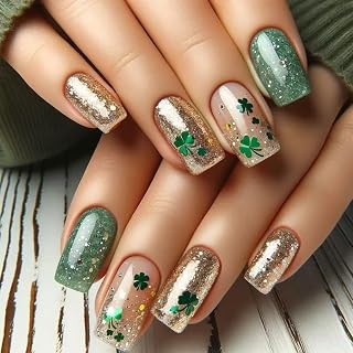 24Pcs St. Patrick's Day Press on Nails Medium Square Fake Nails with Shamrock Designs Full Cover Gold Green Glitter False Nails Irish Clover Glue on Nails Reusable Saint Patrick's Day for Women Girls