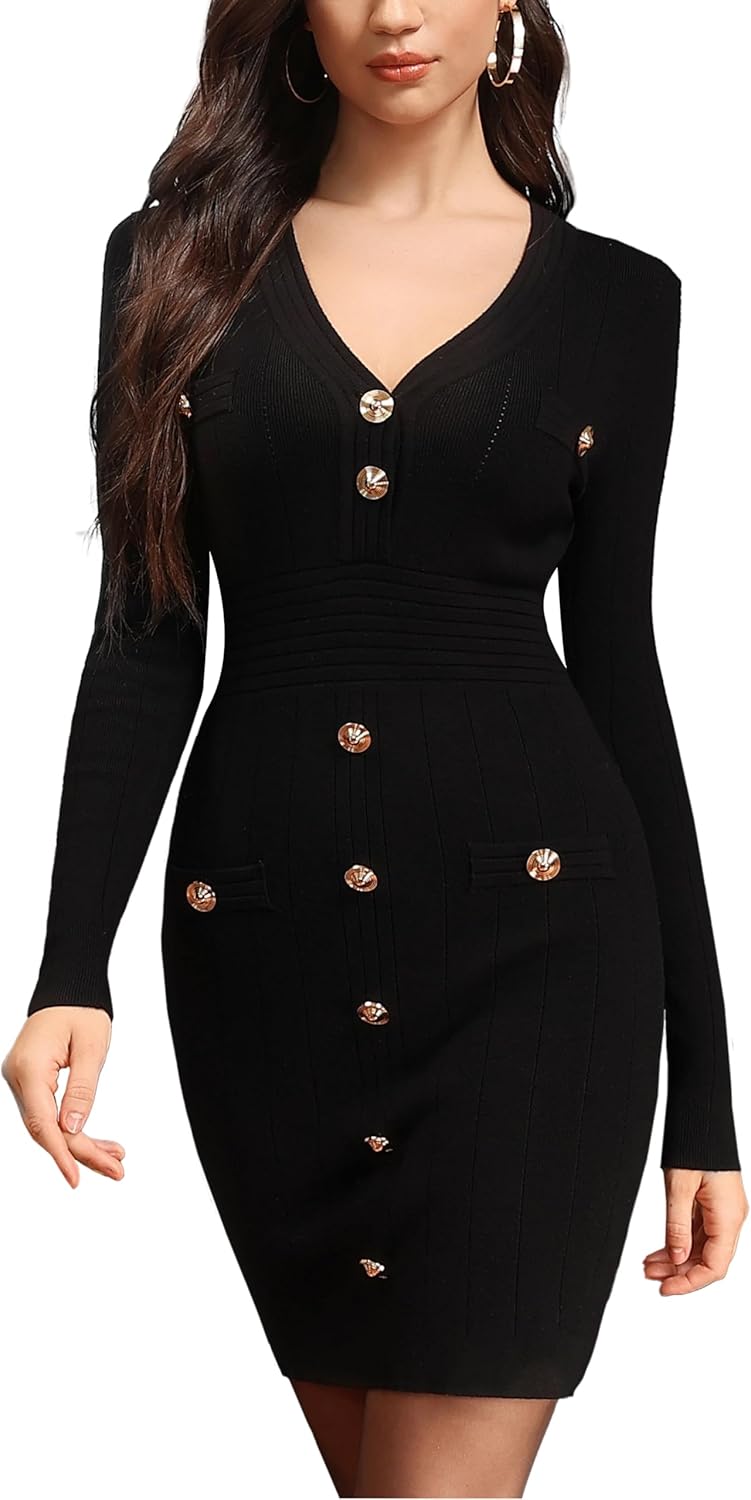 M.Infisavo Womens Sweater Knit Bodycon Dress, V Neck Mini Casual Dresses Long Sleeve Button Down Vintage Fall Elegant Outfit