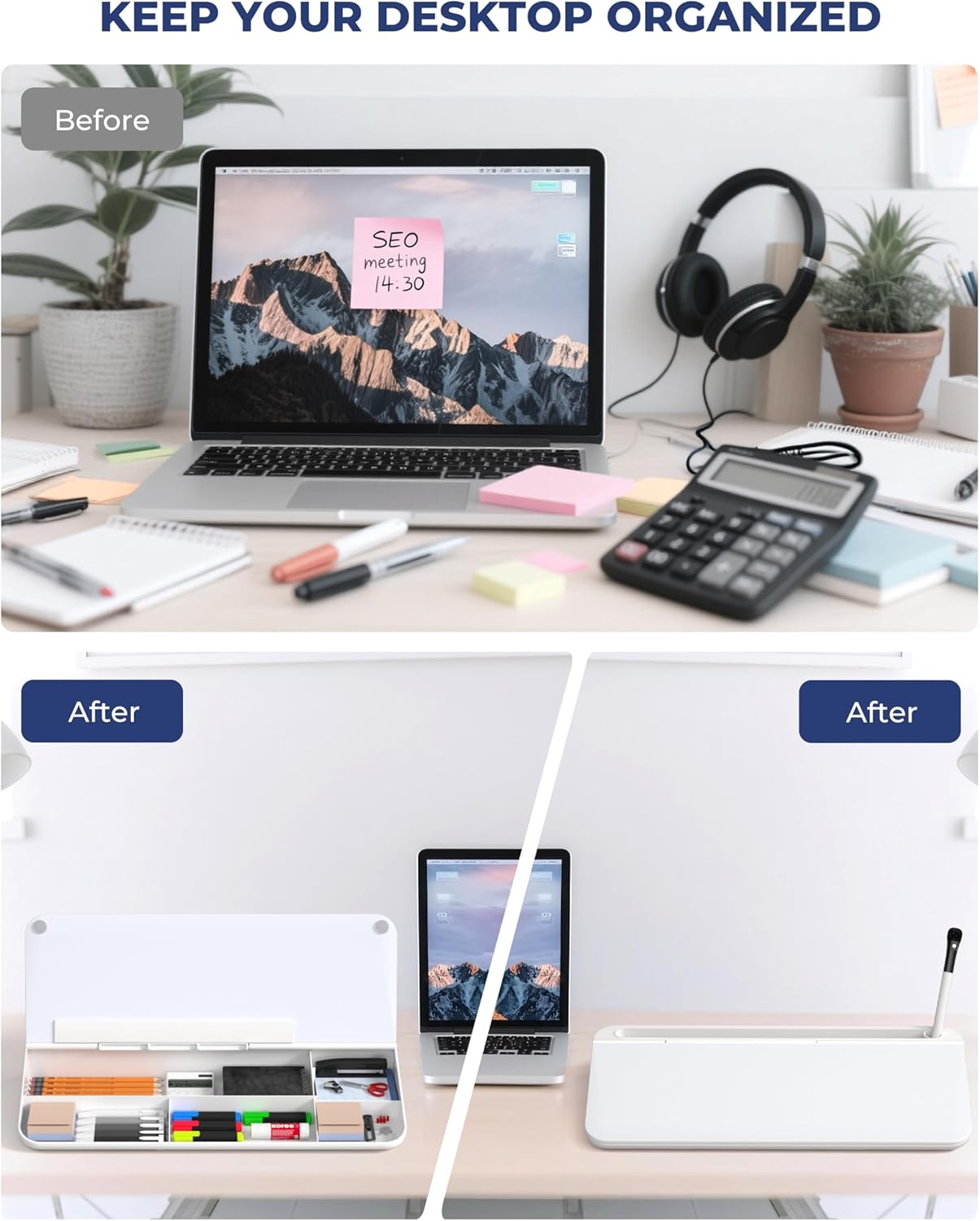 Desktop Glass Desktop Whiteboard with Storage Organizer, Small Dry Erase Board with 4 Pens, Eraser, Computer Keyboard Stand Organizer Ideal for Home, Office, School Accessories(40 X 18cm)-White