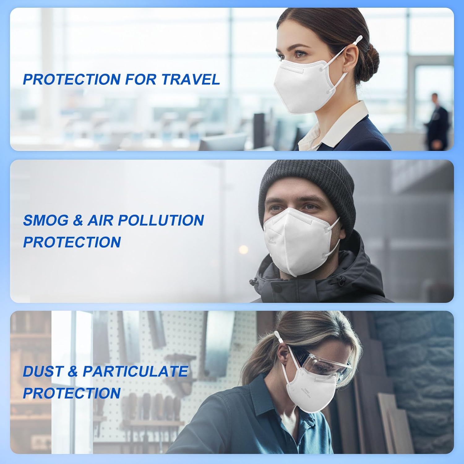 KN95 Adjustable Adult Face Masks with Adjustable Ear Loops and Anti-Fog Nose Pad, Individually Wrapped