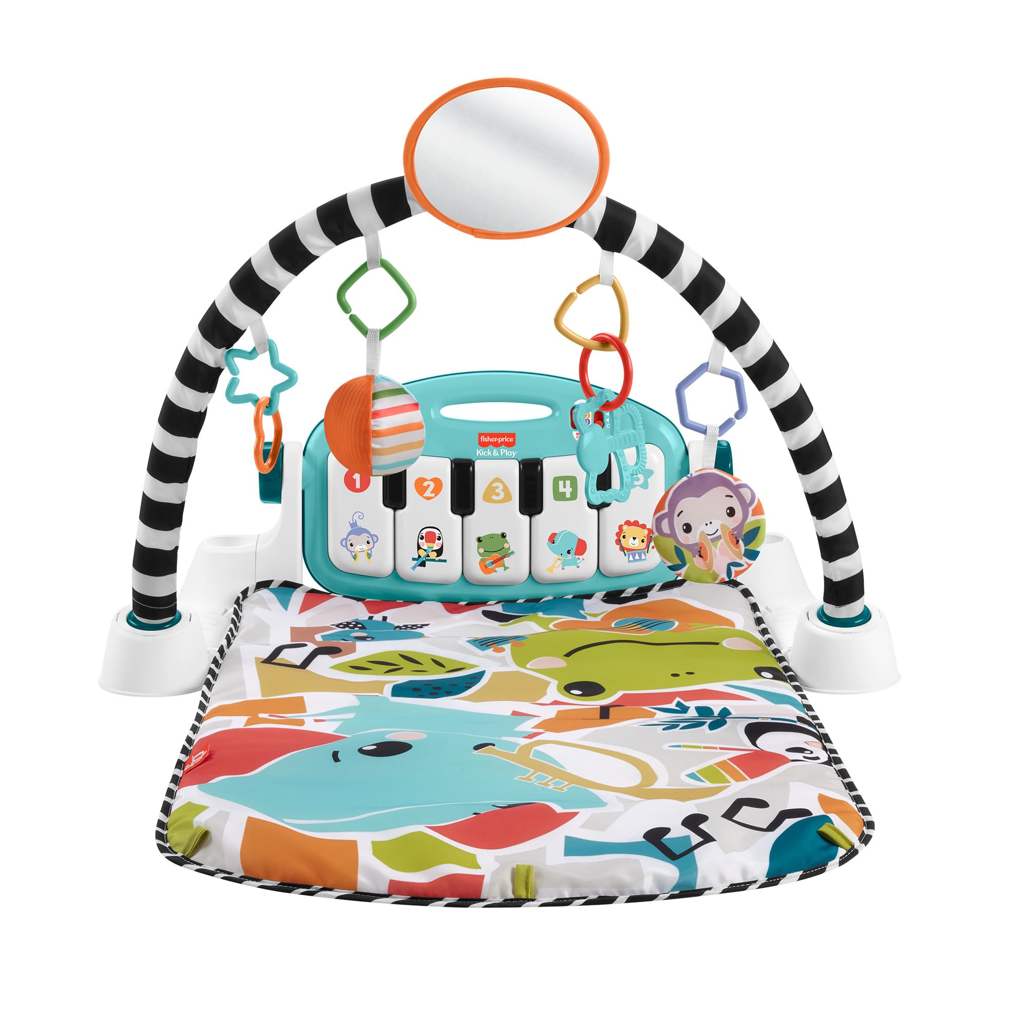 Fisher-Price Niebieska muzyczna i świecąca mata fortepianowa, przenośna, 4 tryby gry progresywne budzenie, wersja francuska, zabawka dla dzieci, od urodzenia, HWY56