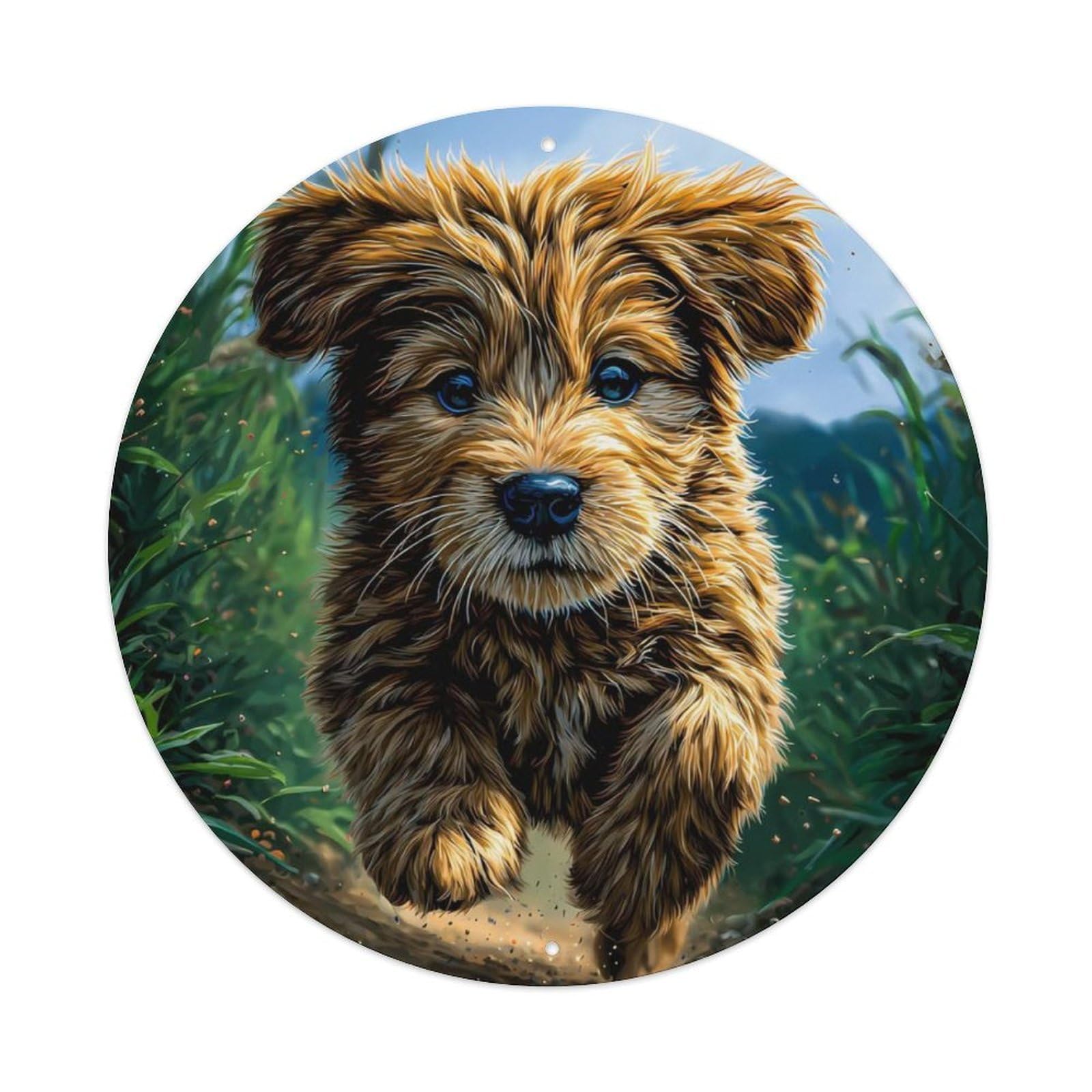 Animal Terrier Puppy Running Cute Dog Sunny Countryside Vintage Metal Tin Sign Plaque Wall Decor for Cafe, Club Bar, Office, Garden Metal Poster 8x8Inch
