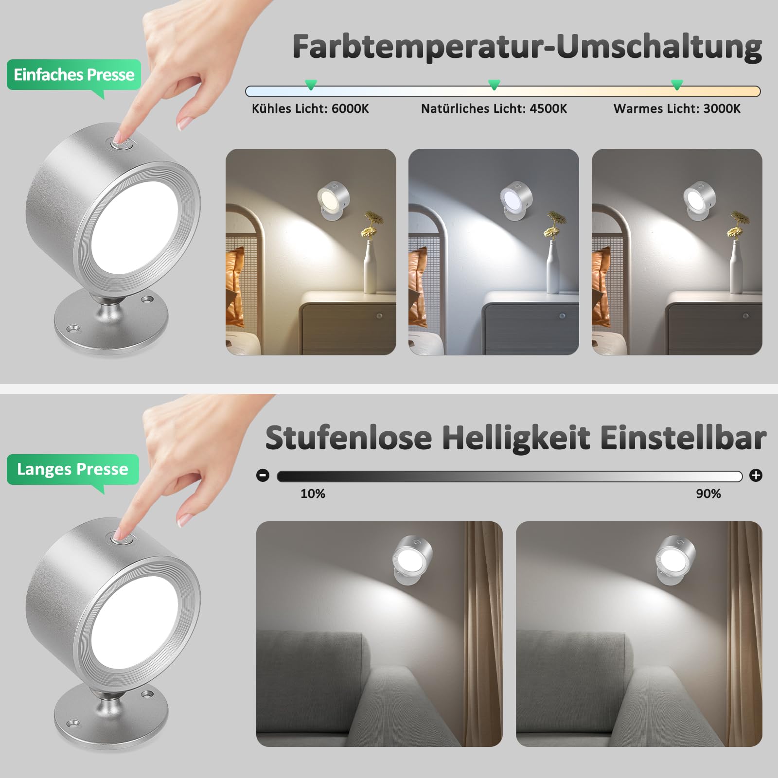 LED Wandleuchte Innen, 3 Stück Wandlampe Akku mit Fernbedienung, 3 Farbmodi Kabellos Wandlichter Lampen ohne Strom, 360° Drehbare Nachttischlampe Strahler für Kinderzimmer Schlafzimmer Wohnzimmer