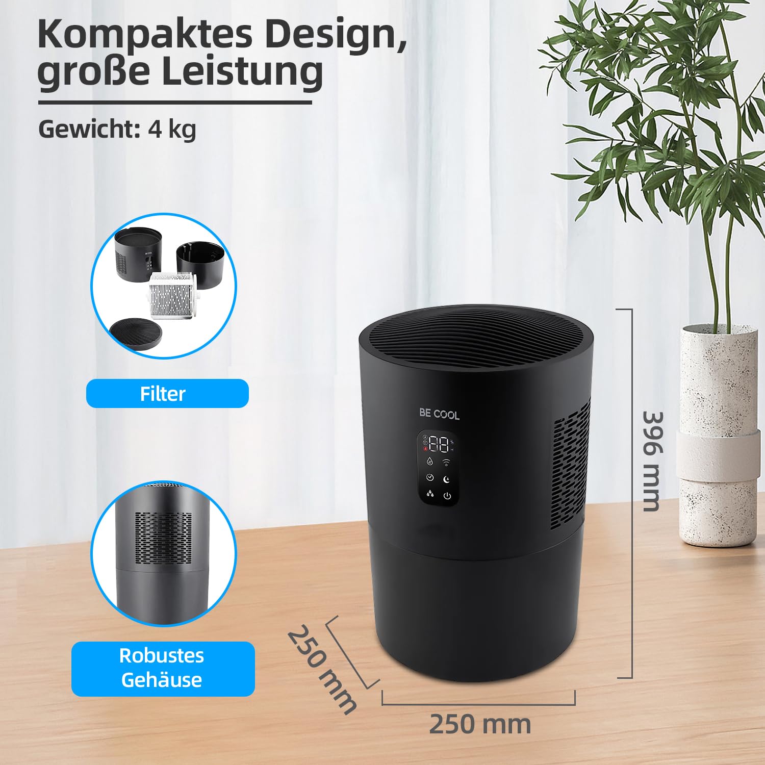 Be Cool 2 w 1 oczyszczacz powietrza i nawilżacz powietrza z funkcją sterylizacji UV, filtr parowania, 3 poziomy wilgotności powietrza, wskaźnik temperatury pomieszczenia i wilgotności powietrza,