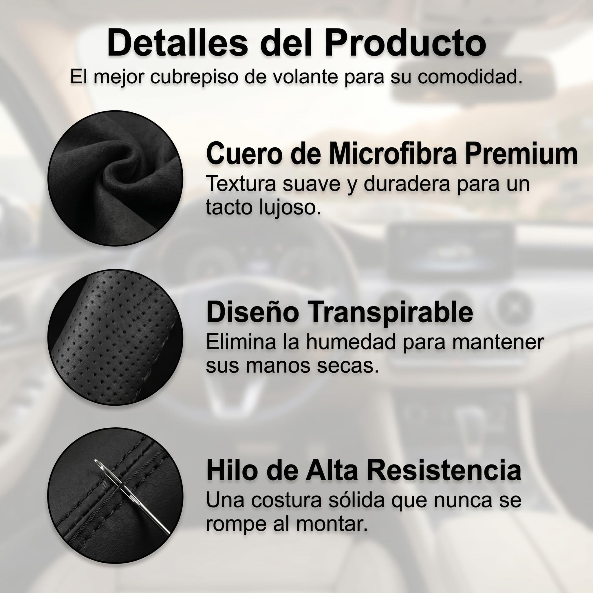 Funda Volante Coche Universal 38cm Cuero Antideslizante Negra | Transpirable, Con Agujas e Hilo para Coser, Accesorios Interior, Protector Volante