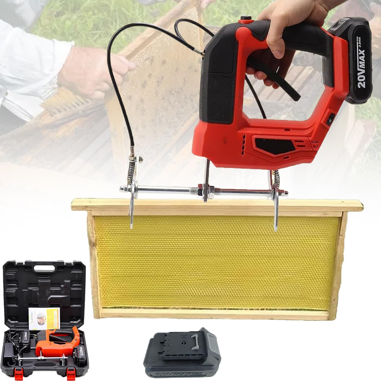 Atwynd 150W Beehive Shaking Machine, Electric Bee Shaker for Farms & Home Beekeepers, Electric Honeybee Remover with 4 Adjustable Speeds, Beehive Frame Shaking Machine Red-1battery