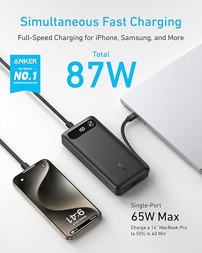Miniatura 2 de Anker Power Bank, cargador portátil esencial de viaje de 20,000 mAh con cable USB-C integrado, paquete de batería de carga rápida de 3 puertos de 87