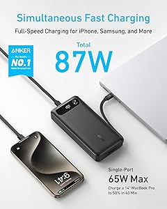 Anker Power Bank, 20,000mAh Travel Essential Portable Charger with Built-in USB-C Cable, 3-Port 87W Max Fast Charging Battery Pack, for MacBook, iPhone 16/15 Series, Samsung, Switch, and More