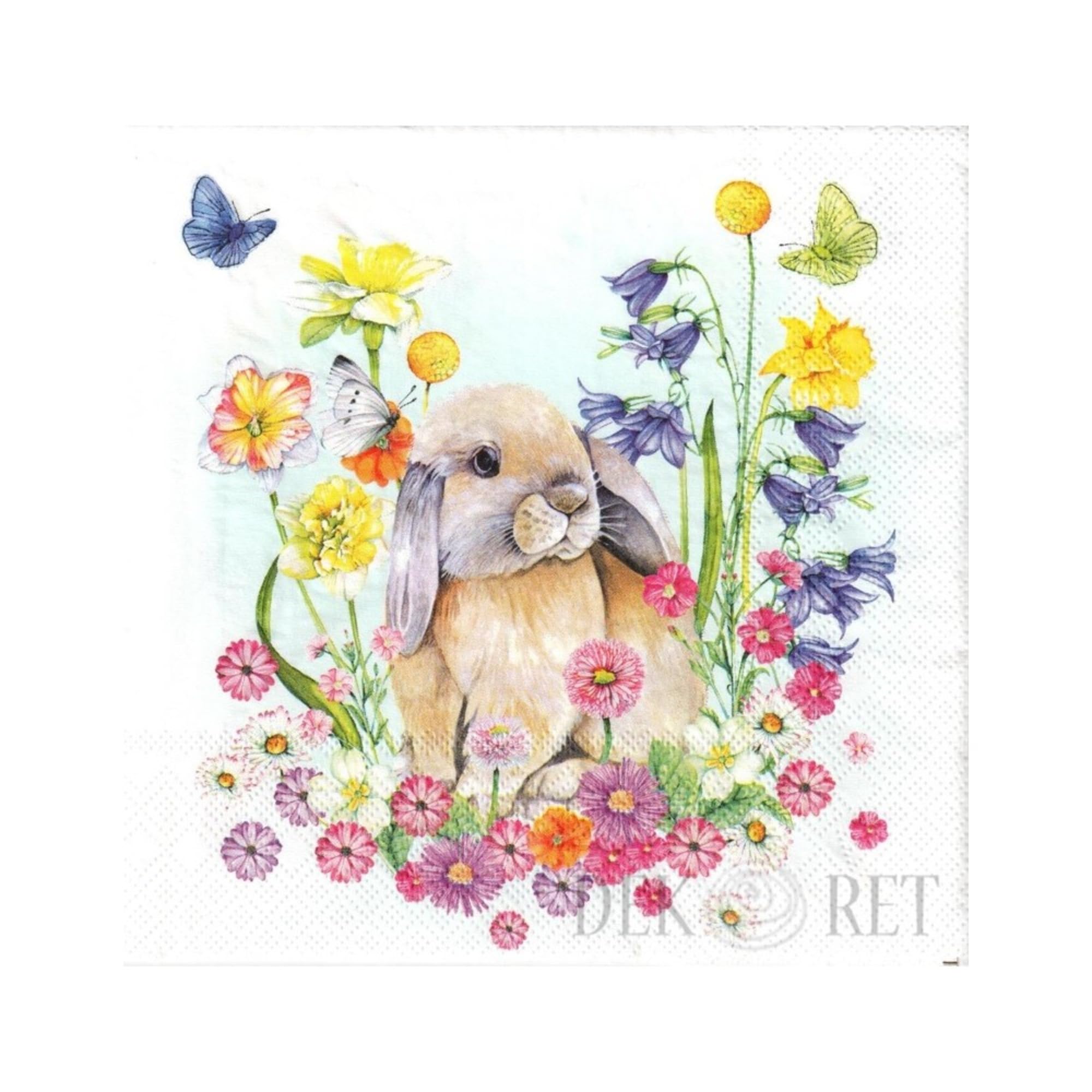Set of 2 Individual Decoupage Paper Party Napkin Easter Bunny Rabbit Lop Watercolor Decor Luncheon Napkins for a Birthday Holiday, Wedding, Cocktail Party