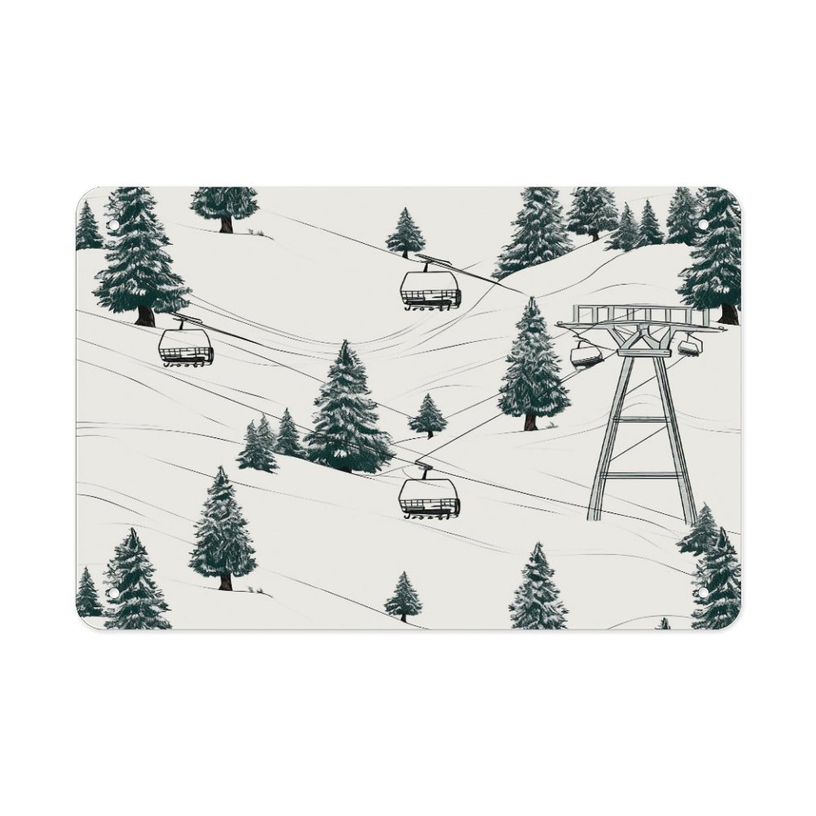 LDGSUPH Ski Lift With Fir Tree Metal Tin Sign Wall Art Prints Folded Edge Iron Sheet Painting with Holes for Wall Prints Decorative Picture Metal Signboard Decor Painting Wall Decor