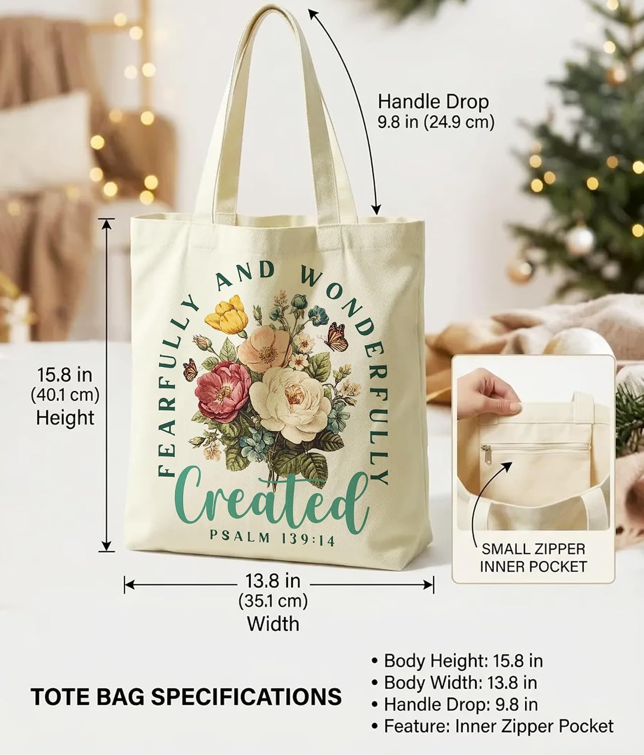Christian Bible Verse Tote Bag for Faith, Fearfully and Wonderfully Created | Christian Gifts, Religion Gifts, Church Tote Bag, Double-Sided, Reusable, Medium Size with Inner Pocket