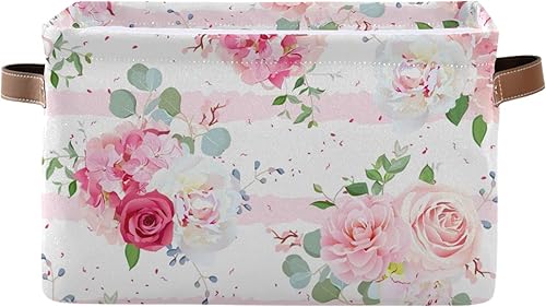 Miniatura 2 de Cesta cuadrada de almacenamiento de flores de rosas rosadas, organizador de almacenamiento de lona, organizador de estante de armario para oficina