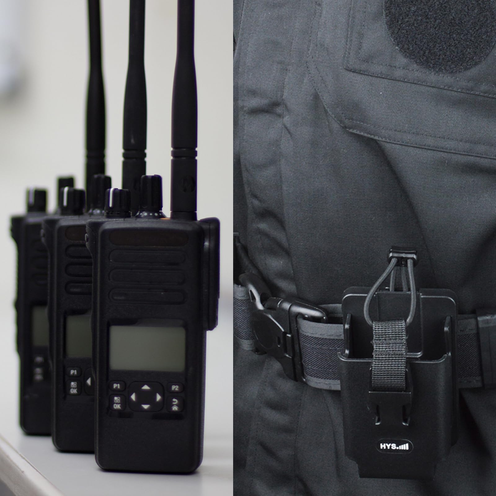 HYS Custodia per walkie talkie in pelle TPU, compatibile con Motorola Hytera Kenwood Baofeng QuanshengBelt Holster,ABS Molle System Clip