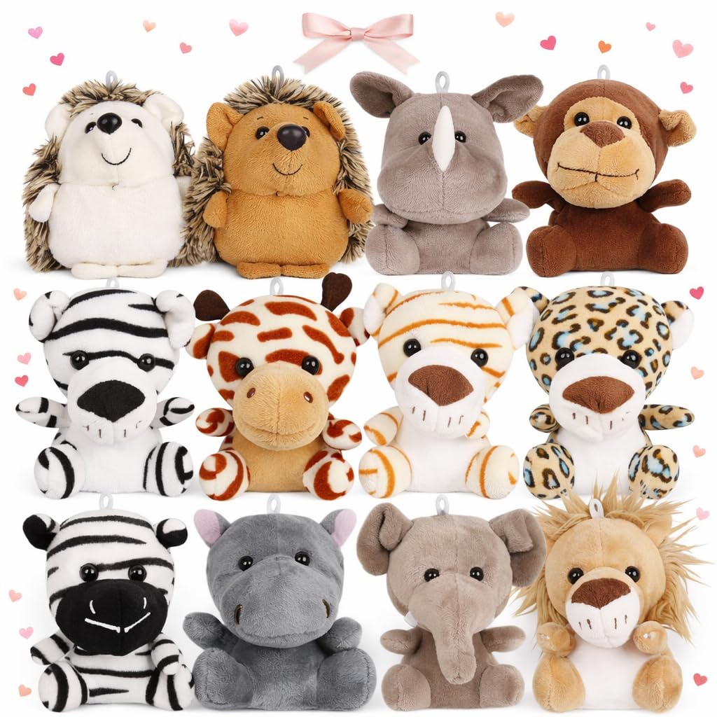 Spoilu Small Stuffed Animals Bulk, 12 Pack Cute Plushies, 4.5 Inch Mini Plush Toys, Treasure Box Toys for Classroom, Party Favors for Kids, Plush Keychain, Claw Machine Prizes, Goody Bag Stuffers