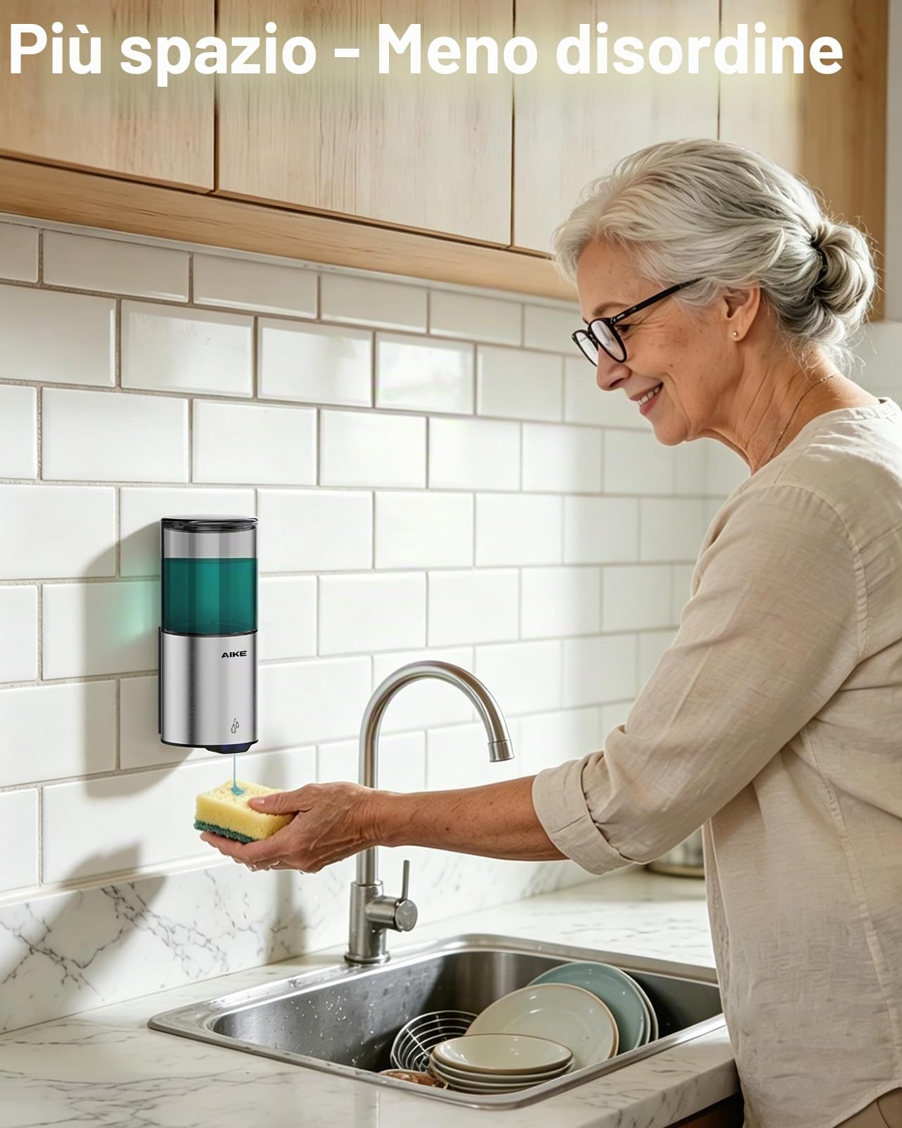 AIKE Dispenser Sapone Automatico, 400ML Liquido a Parete, IPX7 Impermeabile | Acciaio Inox Spazzolato, Sensore Touchless, 5 Livelli Volume, Montaggio Senza Fori, Doppio Montaggio, Facile Ricarica