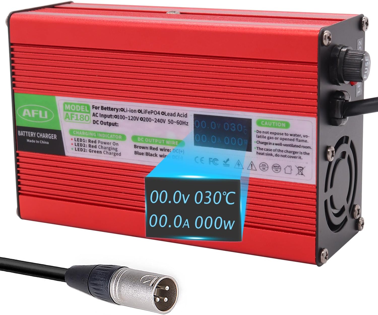 29.2V 5A LiFePO4 Battery Charger Red Aluminum Case for 8S 24V LiFePO4 Battery with OLED Charging Display 24V Charger(DC 3pin XLR Plug