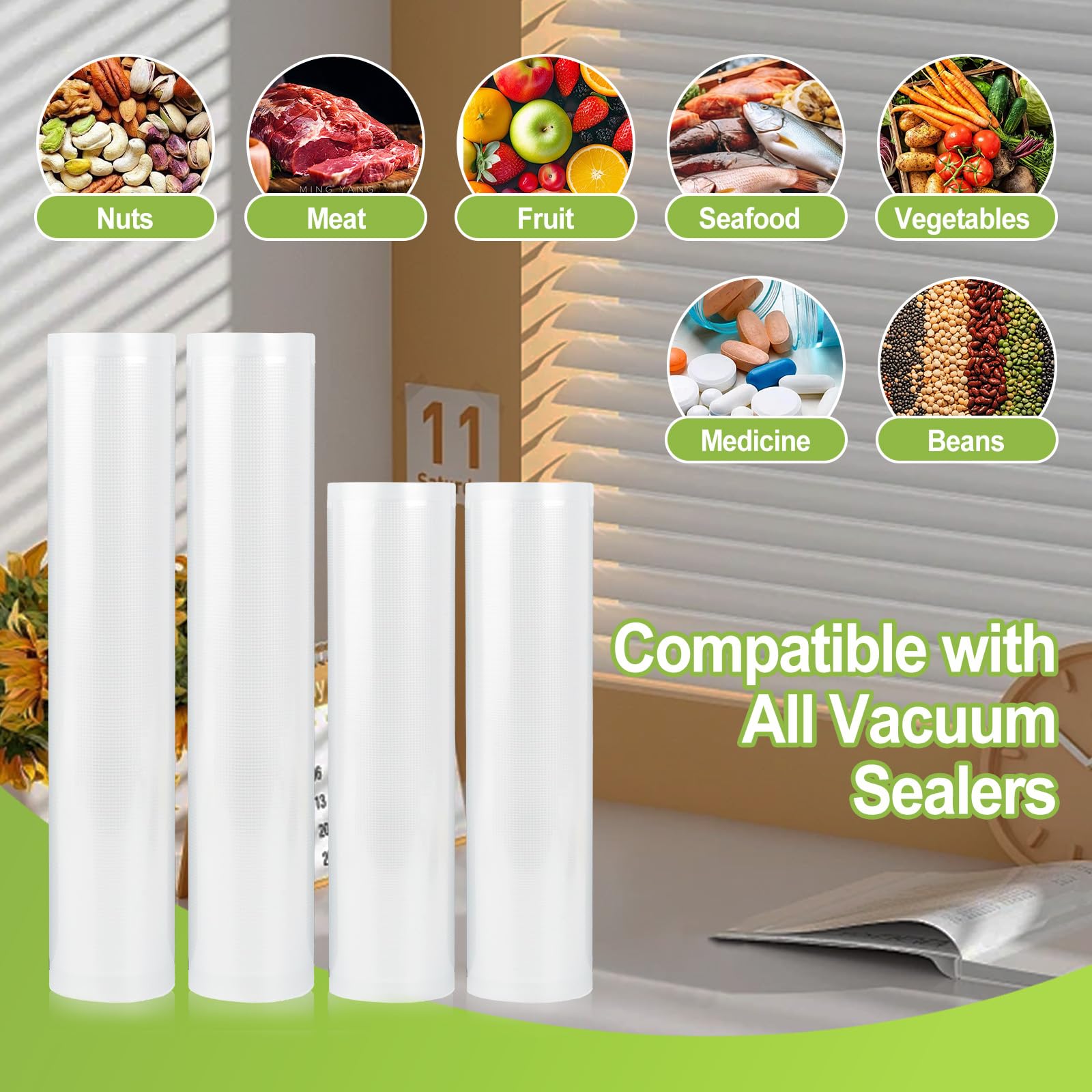 4 rollos de bolsas de sellador al vacío, compatibles con la mayoría de selladores al vacío, 11 x 16,4 pulgadas y 8,3 x 16,4 pulgadas, resistentes sin BPA para preparación de alimentos, Sous Vide