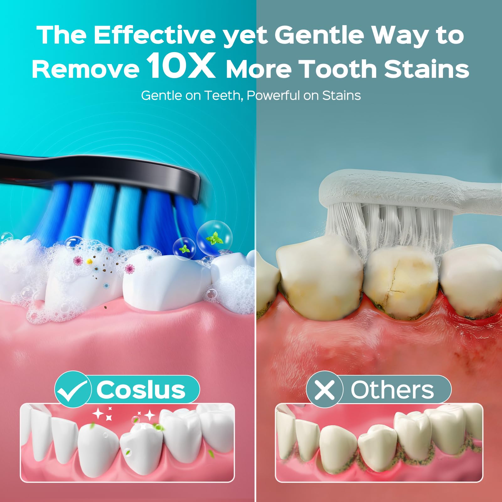 COSLUS Sonic Electric Toothbrush for Adults: 3 Intensities & 5 Modes Gum-Friendly for Deep Cleaning & Whitening - 2 Types of Heads for Family, Sensitive Teeth, Braces, Travel & Home Use, Black