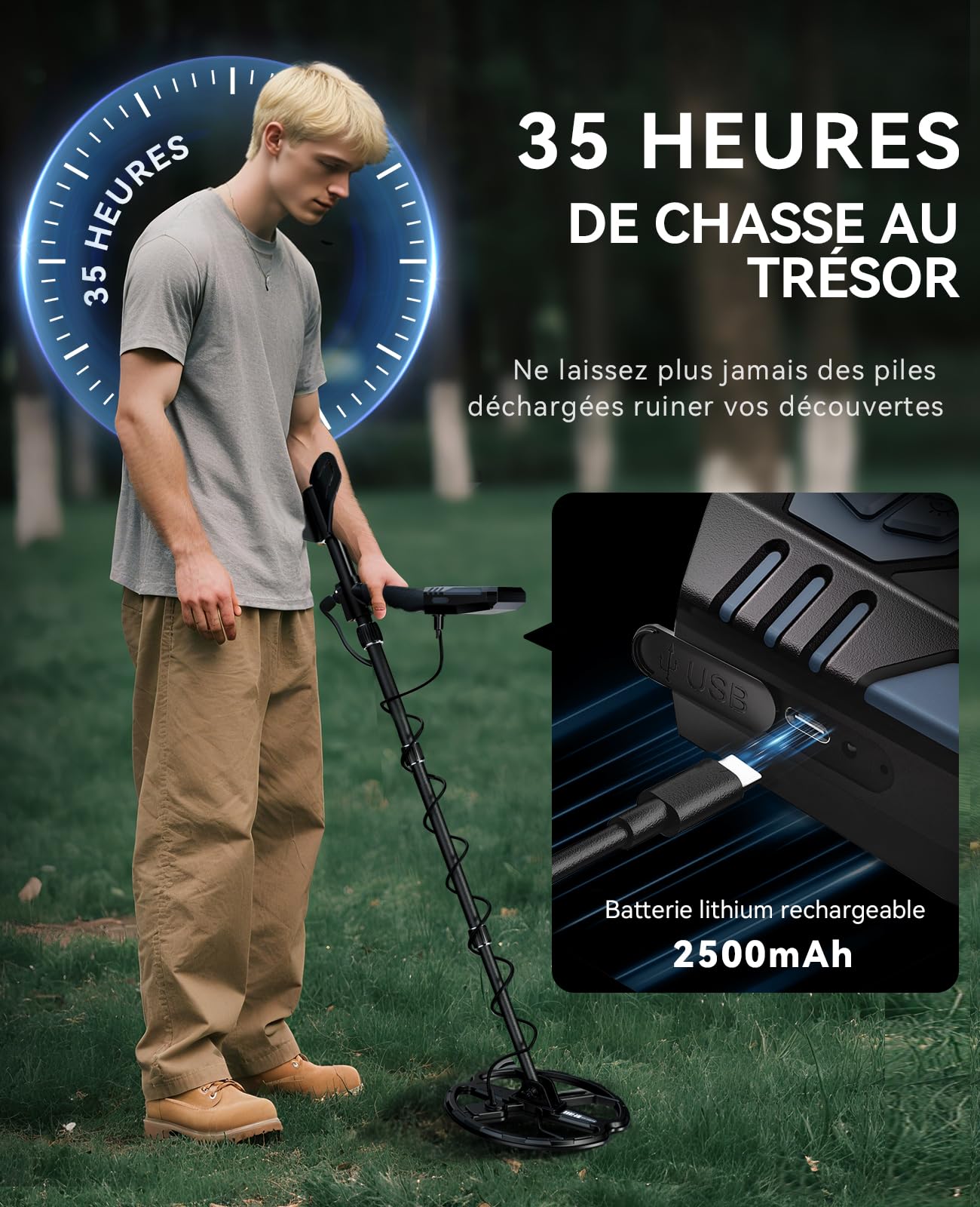 SUNPOW Détecteur de Métaux - Bobine Double D de 28 cm, Batterie au Lithium 35h, 10 Niveaux de Sensibilité, 4 Modes de Recherche, Rechargeable,7 Identifications de métaux, étanche IP68