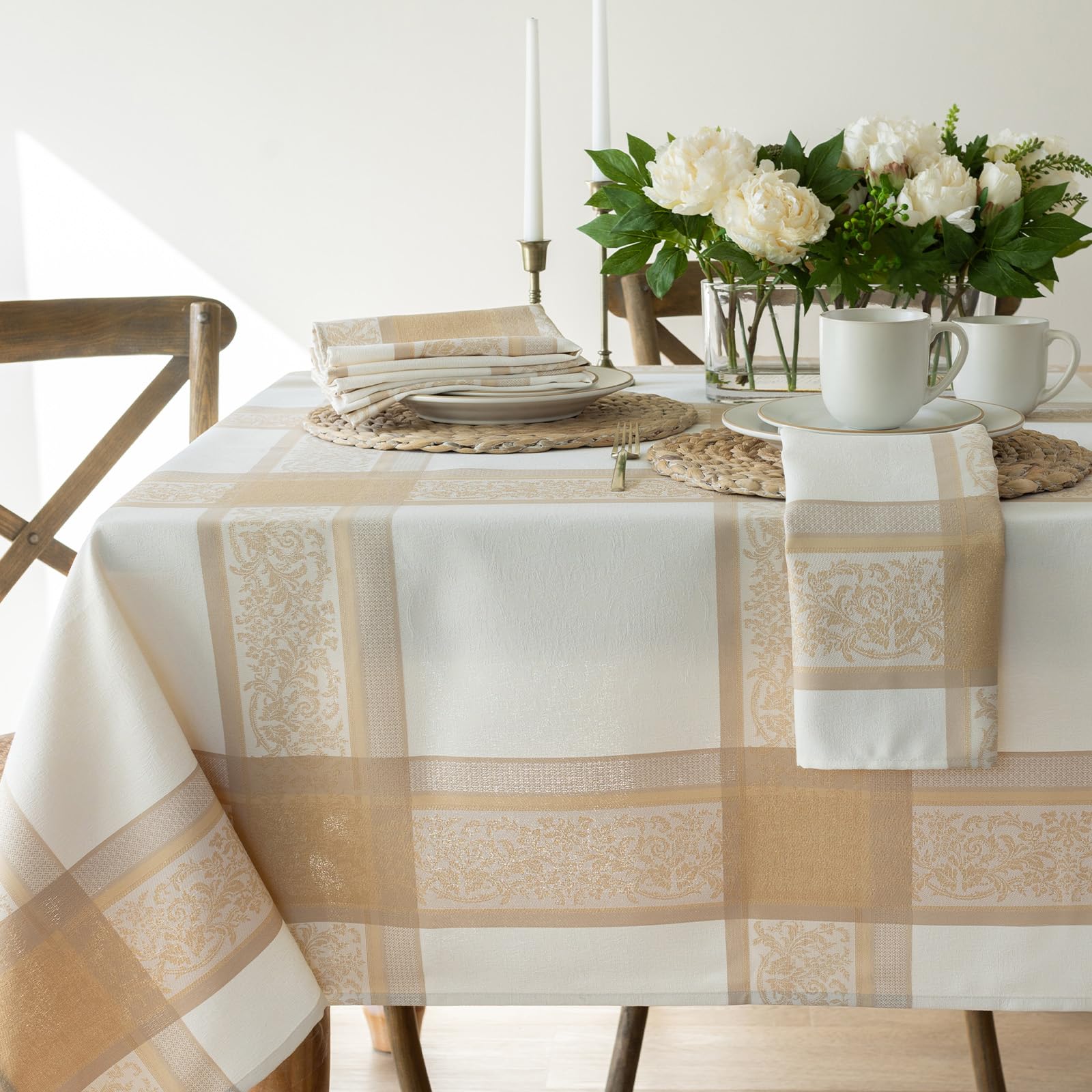 Benson Mills Metallic Heavyweight Jacquard Fabric Table Cloth, Décor for Fall, Thanksgiving, and Holiday Dining Tablecloth (60" x 120" Rectangular, Grandeur Glow)