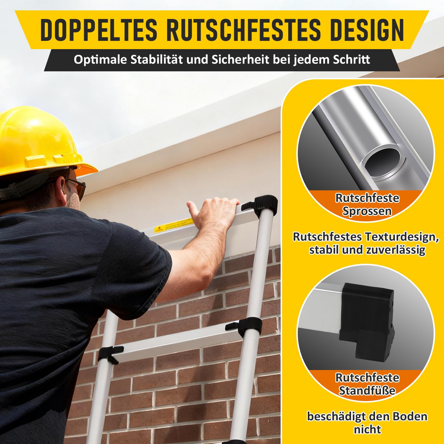 Échelle télescopique en aluminium 3,8 m, échelle extensible avec stabilisateur, échelle en aluminium antidérapante, échelle multifonction extensible, capacité de charge de 150 kg