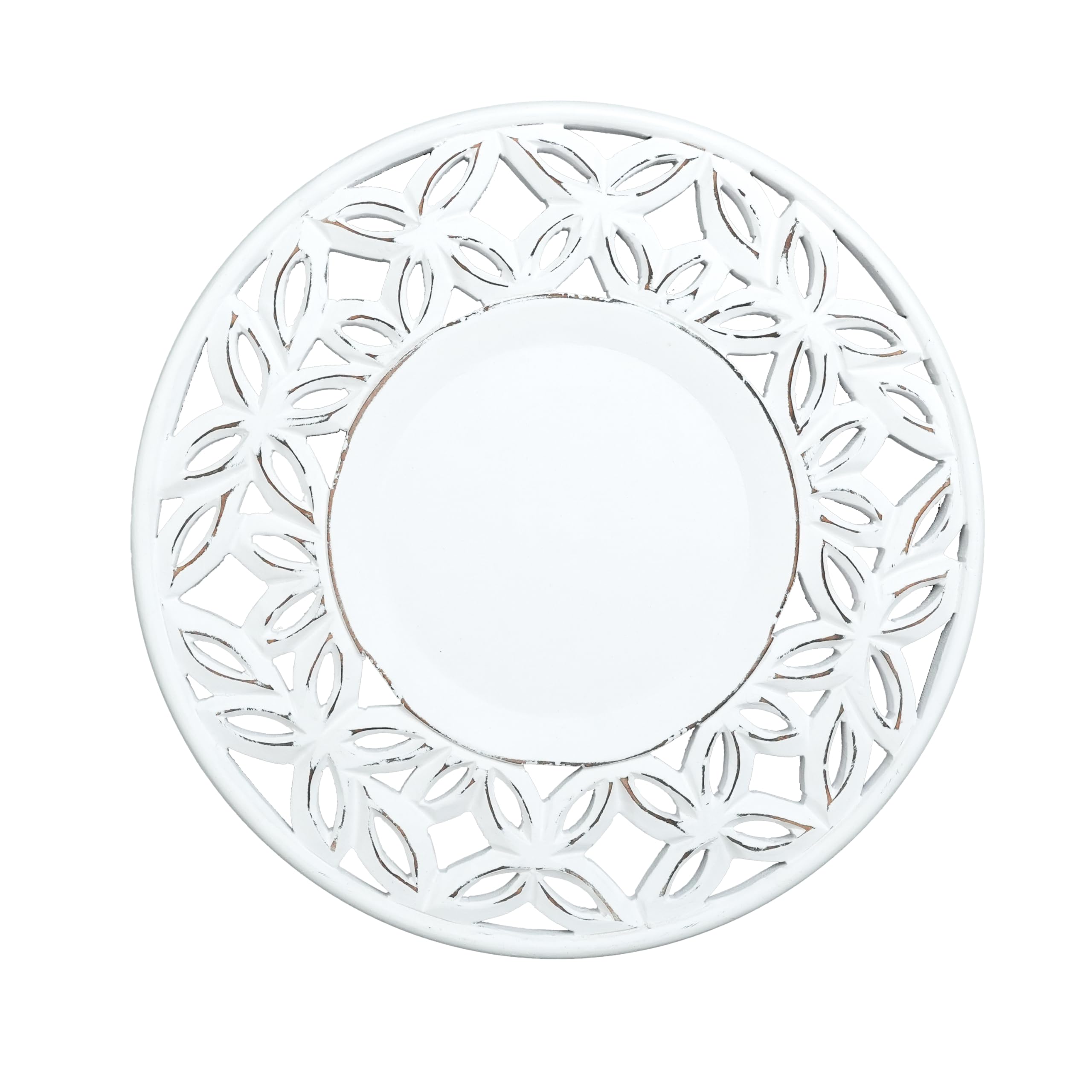 White Wood Charger for Dinner Plates Set of 2 - Decorative Cut Design 13 Inch Round Wooden Placemat for Dining Table Décor, Family Gathering, Christmas, New Year Party, Wedding, Events & Everyday Use