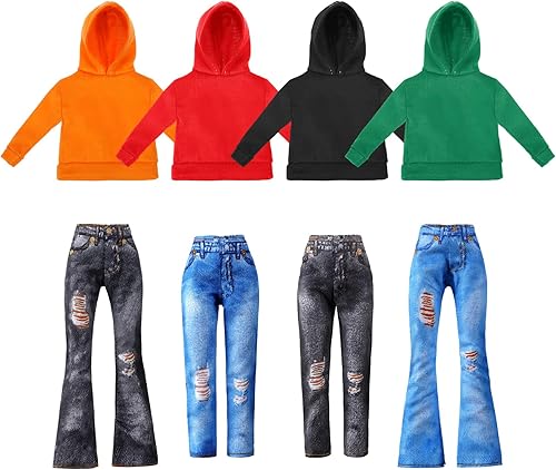 Bencailor Ropa de muñeca de 8 piezas, accesorios para niña, suéteres de algodón, pantalones de mezclilla, ropa regular (negro, naranja, rojo, verde,