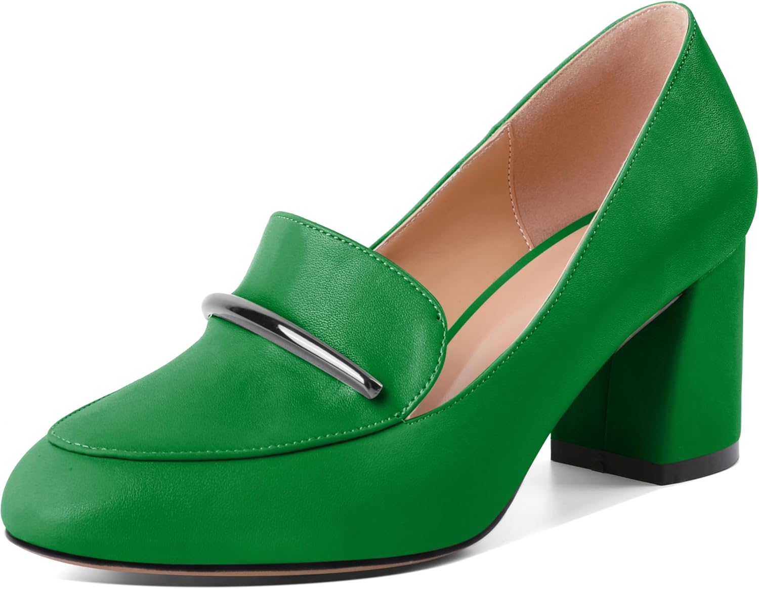 AUMOTED Heeled Loafers for Women Block Heel Loafers Comfortable Round Toe Chunky Pumps Women Work Low Heels Office Shoes 2.5 Inch