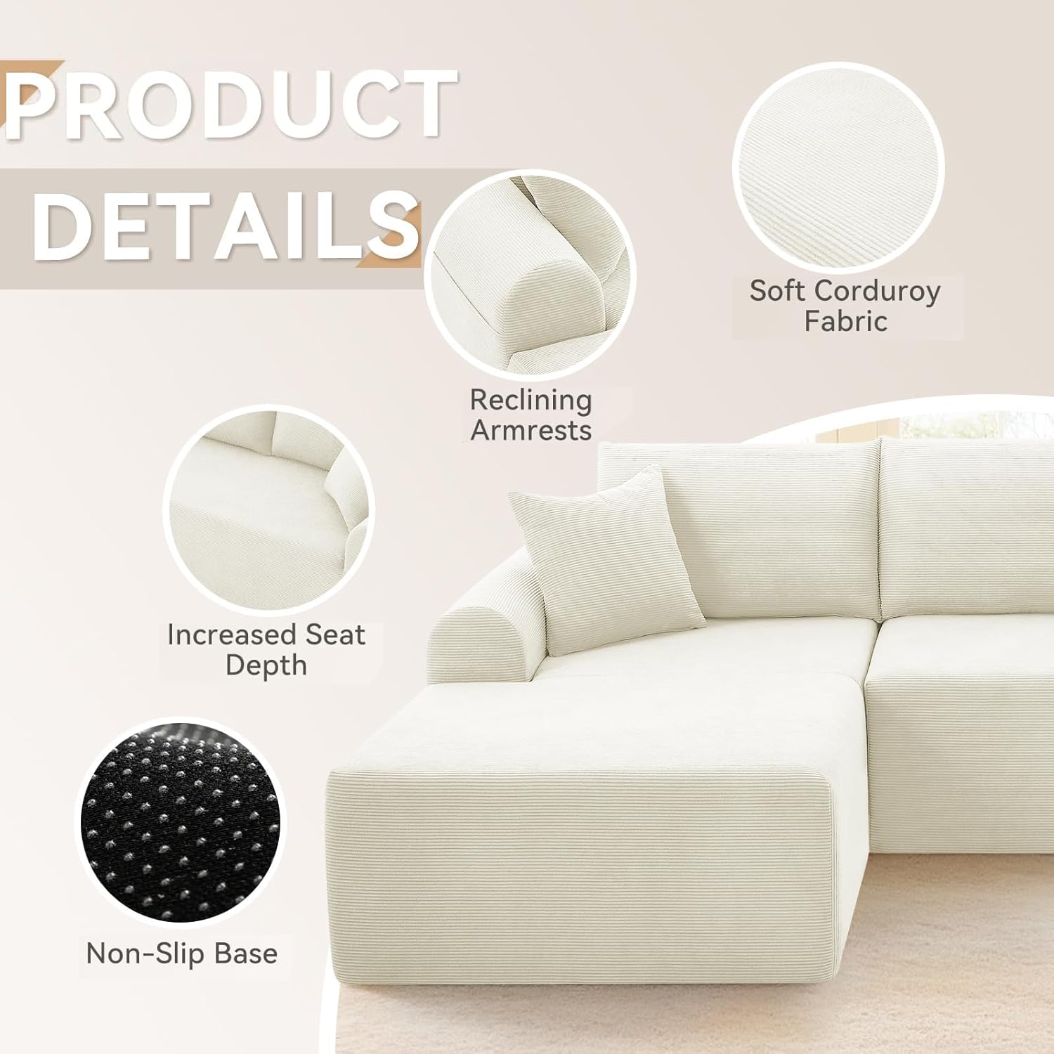 Modular Sectional Sofa with Chaise, Cloud Sectional Couch with Deep Seat, Modular L-Shape Sofa Corduroy Boneless Couch for Living Room,Bedroom,No Assembly Required(Beige, Left Facing Chaise)