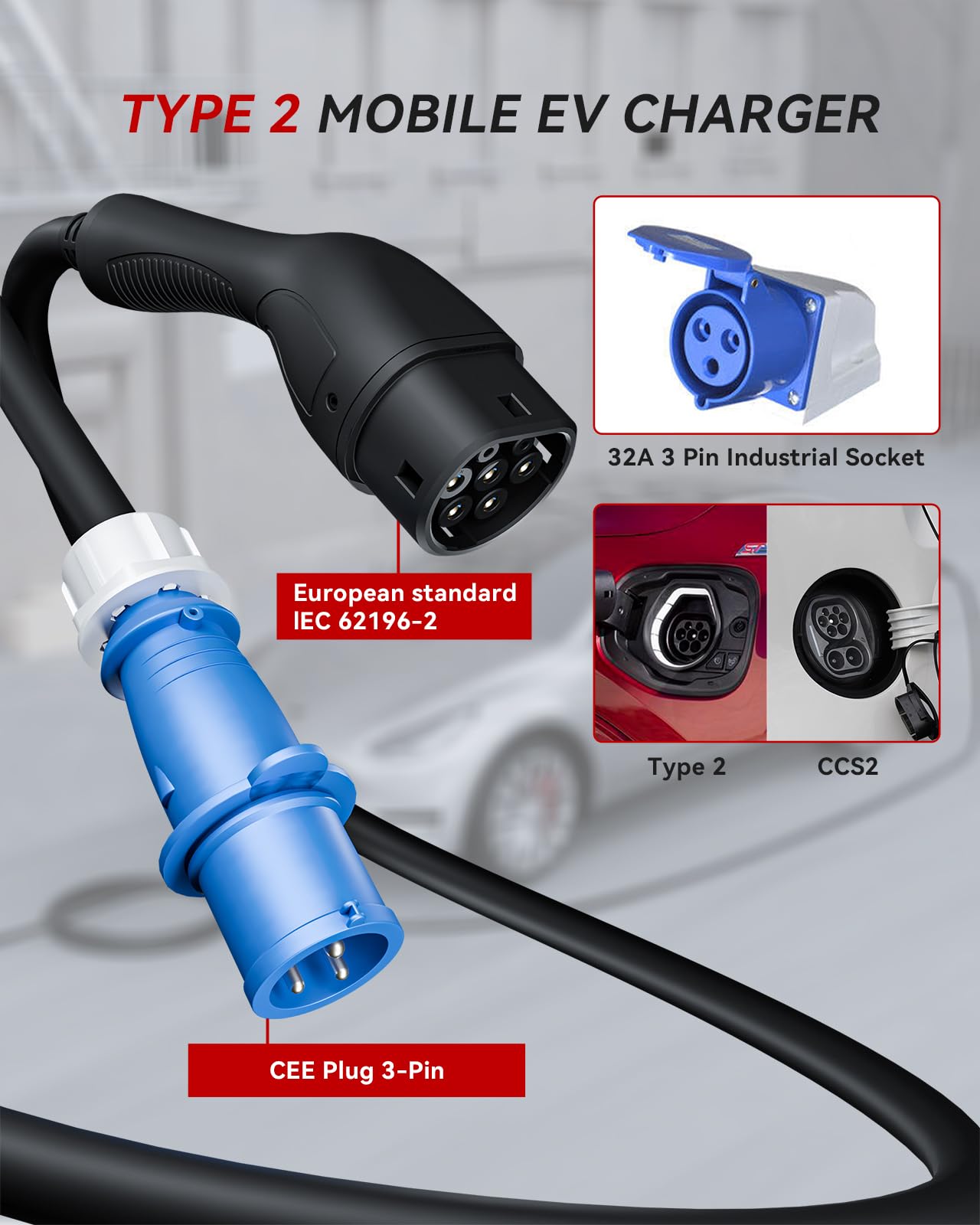 Ładowarka EV typu 2 CEE 7 kW 10 m – kabel do ładowania typu 2 32 A, 1-fazowy, tryb 3 kabel do ładowania, przełączany prąd 6A-32A, EV mobilna stacja ładująca do samochodów elektrycznych i