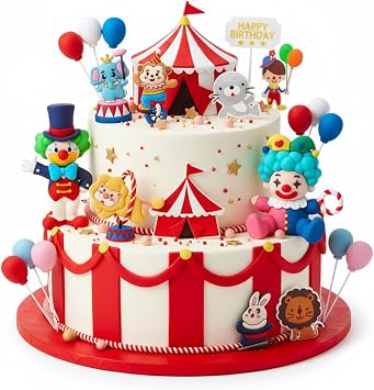 Knana 18 Pcs Circus Cake Toppers 2 Clowns, 1 Lion, 1 Monkey, 1 Elephant, 1 Rabbit, 6 Cupcake, 6 Ball - Multicolored - 3 Inch - Birthday, Baby Shower, Circus Party