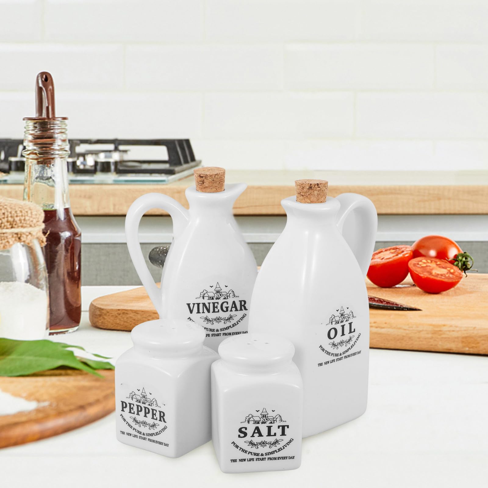 SHINEOFI Juego de 4 Botellas de Aceite y Vinagre de Cerámica Estilo Japonés Bandeja de Bambú Práctico Dispensador para Cocina y Obsequio de Inauguración