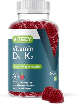 Viteey Vitamin D3 K2 Gummies - 1000 IU Vitamin D3 and K2 100mcg - 60 Count | Bone & Heart Health for Adults and Teens - Gelatin Free, GMO Free - Tasty Chewable D3K2 Vitamins Strawberry Flavored Gummy