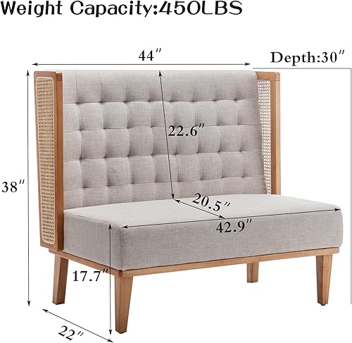 Miniatura 3 de Andeworld Banco de sofá biplaza con brazos de ratán, mini sofá tapizado moderno con respaldo alto, banco de comedor de banqueta para sala de estar,