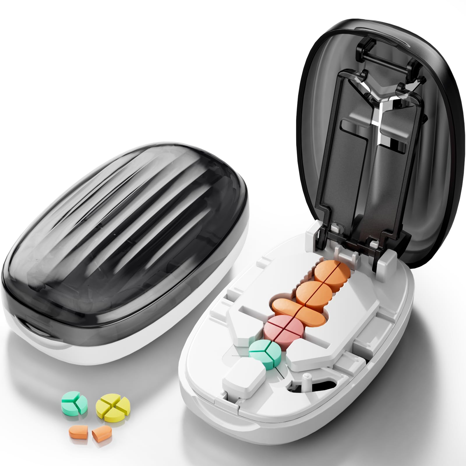 Pill Cutter Splitter for Small and Tiny Pills, 1/2 1/4 Pill Splitter for Small Pills,Tablets in Half or Quarters, Accurate and Easy Cutting, Stainless Steel Blade, Back Storage (Transparent Black)