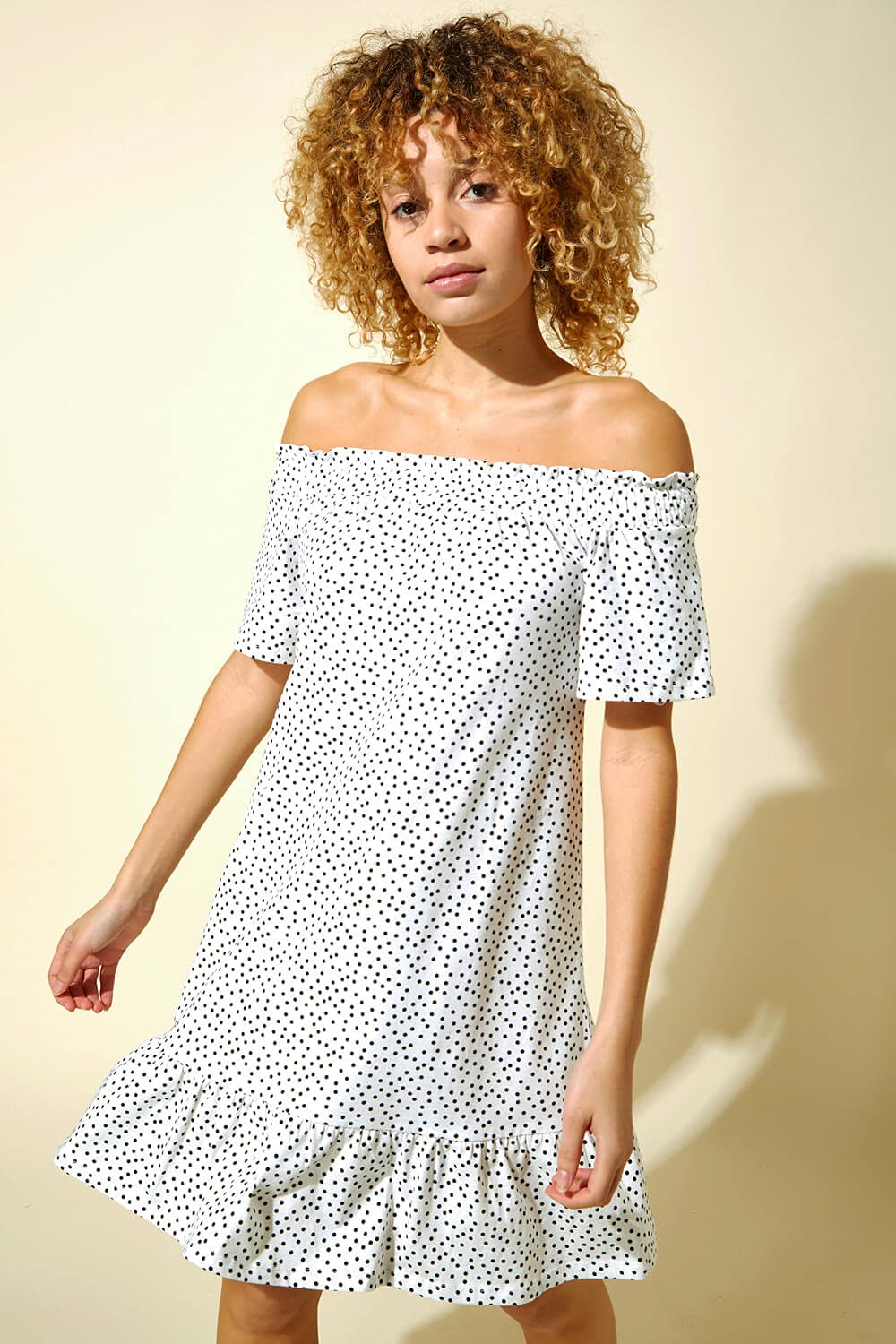 Roman OriginalsWomen Spot Print Cotton Bardot Dress Ladies Casual Polka  Dot Frill Hem Daywear Off The Shoulder Short Sleeve Ruffle Sundress Summer
