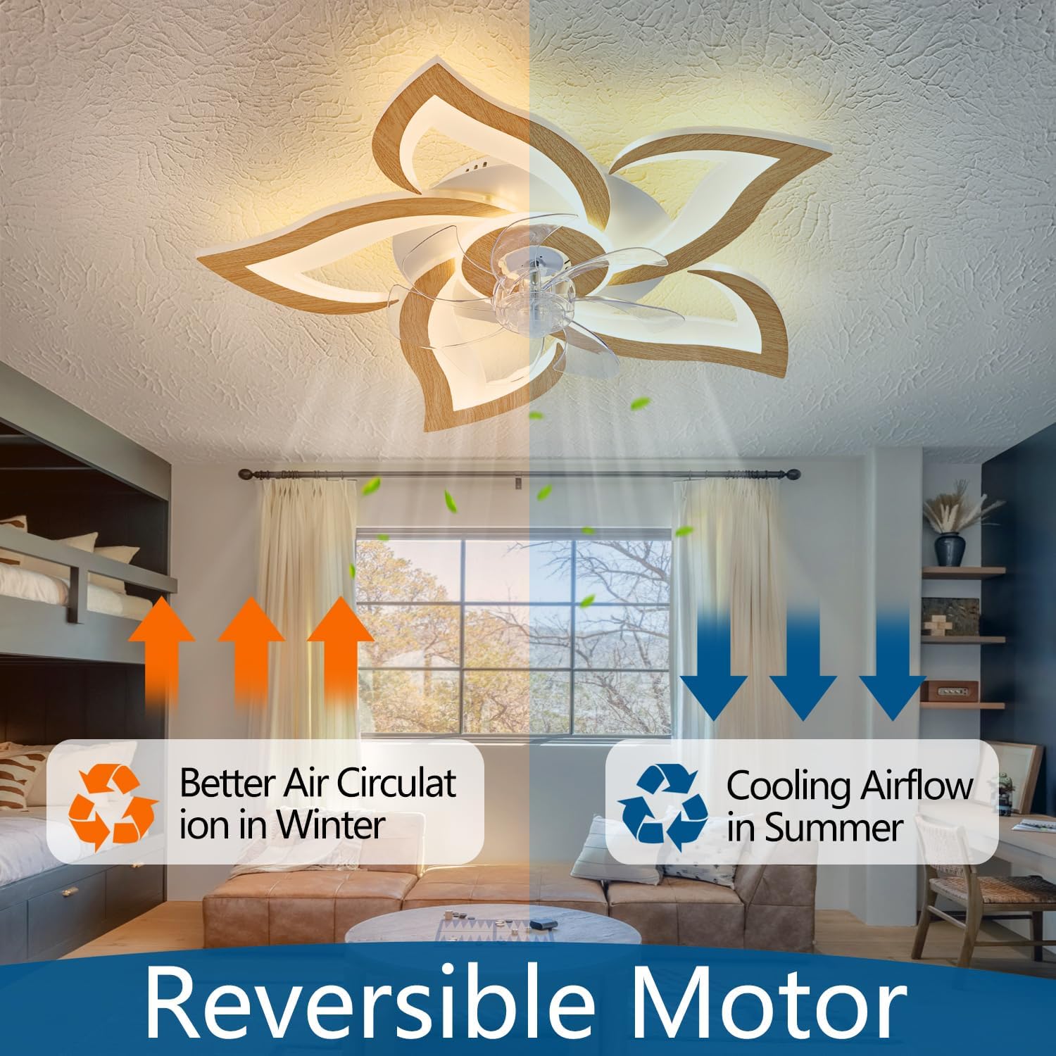 Image showing the reversible motor function, with blue arrows indicating cooling airflow in summer and orange arrows indicating better air circulation in winter.