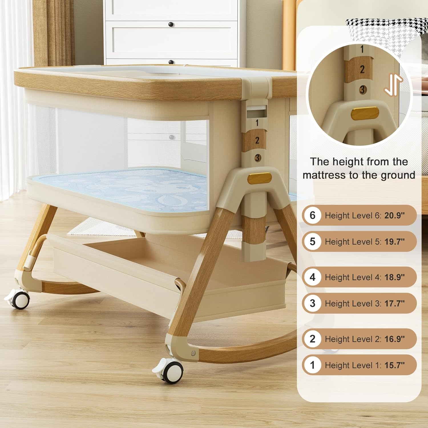 Baotree 3-in-1 Baby Bassinet Bedside, Breathable Mesh Portable Crib with Mattress, 6 Height Adjustable Bassinet Bedside Sleeper with Foldable Wheels for Peaceful Nights (Brown&Beige)