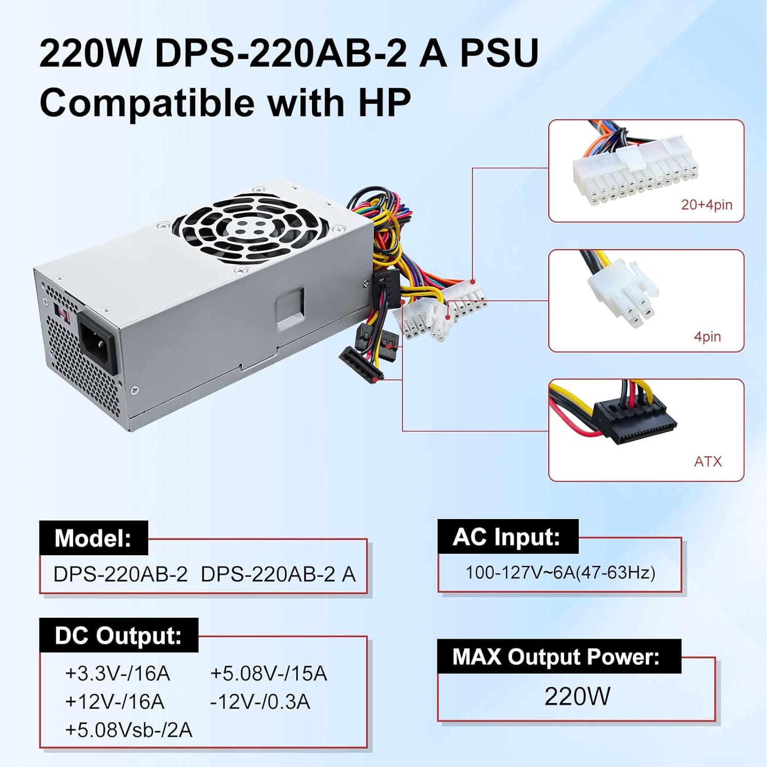 LXun Upgraded PC8044 220W DPS-220AB-2 A PSU Power Supply Compatible with HP Pavilion S5000 S5306 5118 5701 5716 5721 7301 7400 3130, Replace for 504965-001 504966-001 TFX0220D5W Switching Power Supply