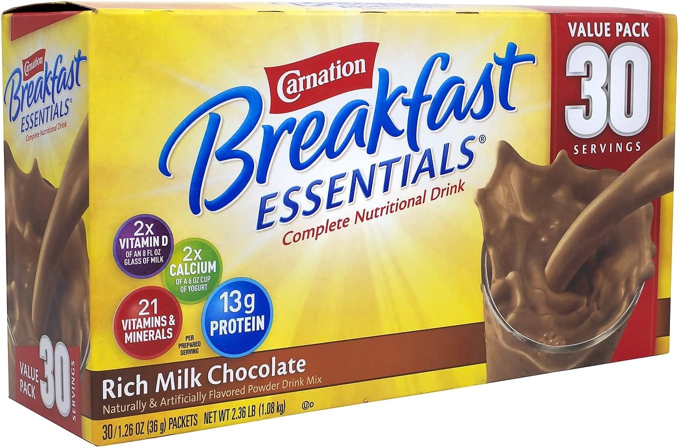 BREAKFAST ESSENTIALS RICH MILK CHOCOLATE INSTANT BREAKFAST PACKETS IN BOX 37.76 OZ - 0050000123001,30 Count(Pack of 1)