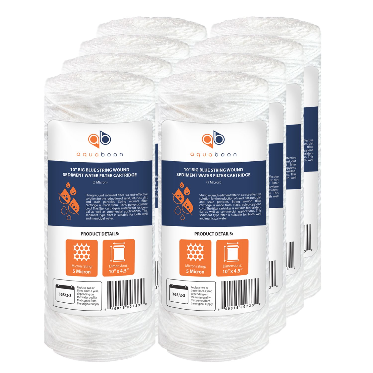 Aquaboon 5 Micron 10x4.5 Water Filter Replacement - Whole House Water Filtration - String Water Filter Matches PSE1800, PC40, SWC-45-1005, WP5BB97P (8 Pack)