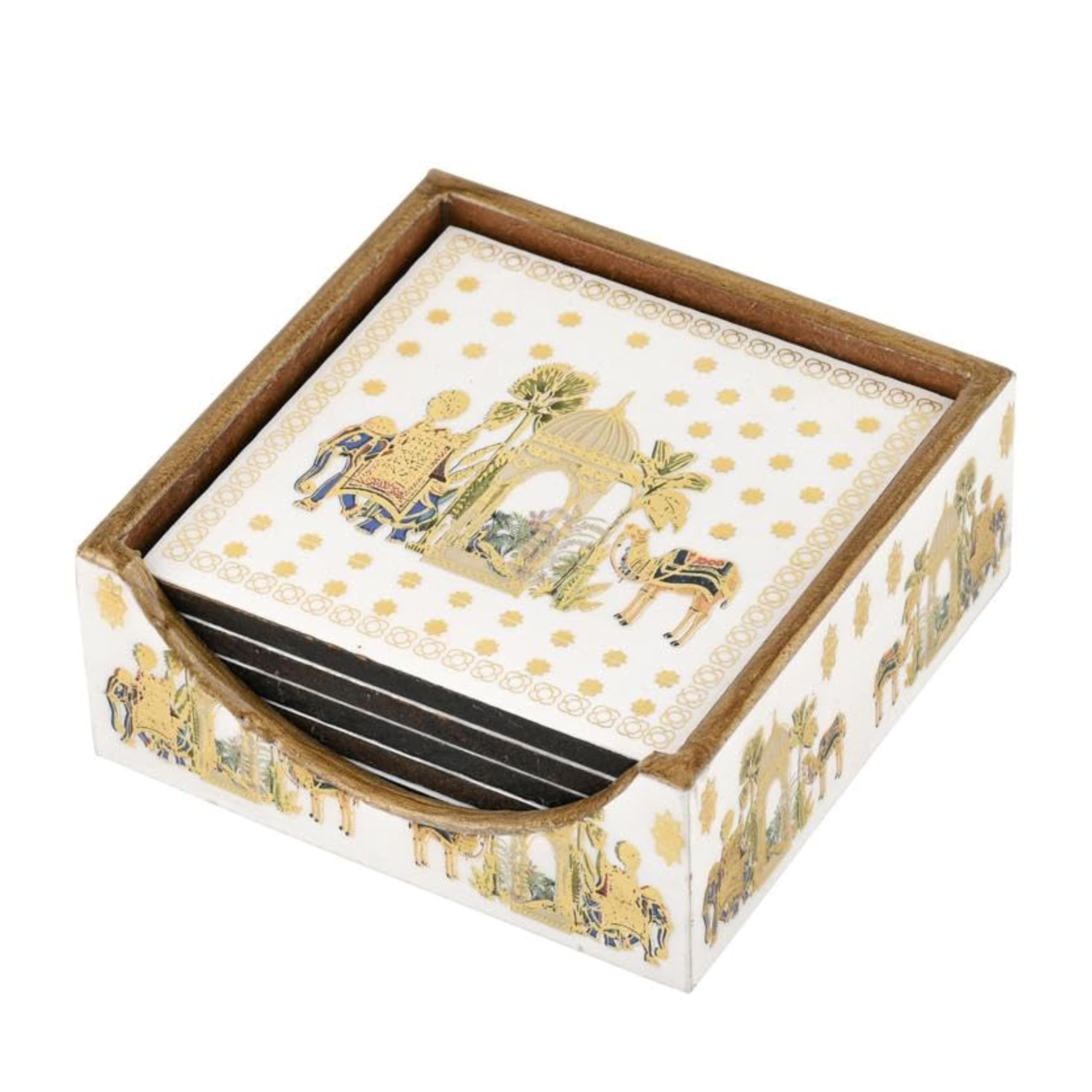 Decorative Coaster Set of 6 with Holder | Wooden Tea Coffee Cup Coasters | Rajasthani Elephant & Palace Design | Tabletop Protection for Home & Office-image-41