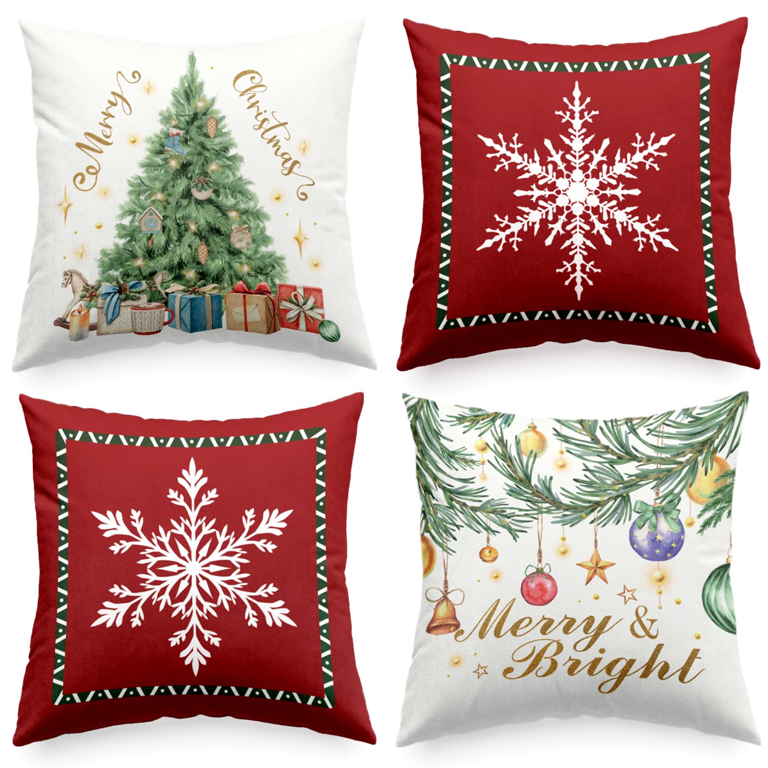 SEOIFUNG Christmas Snowflakes Throw Pillow Covers 18x18 Set of 4 Goleden Merry Christmas Balls Pillow Case Vintage Red