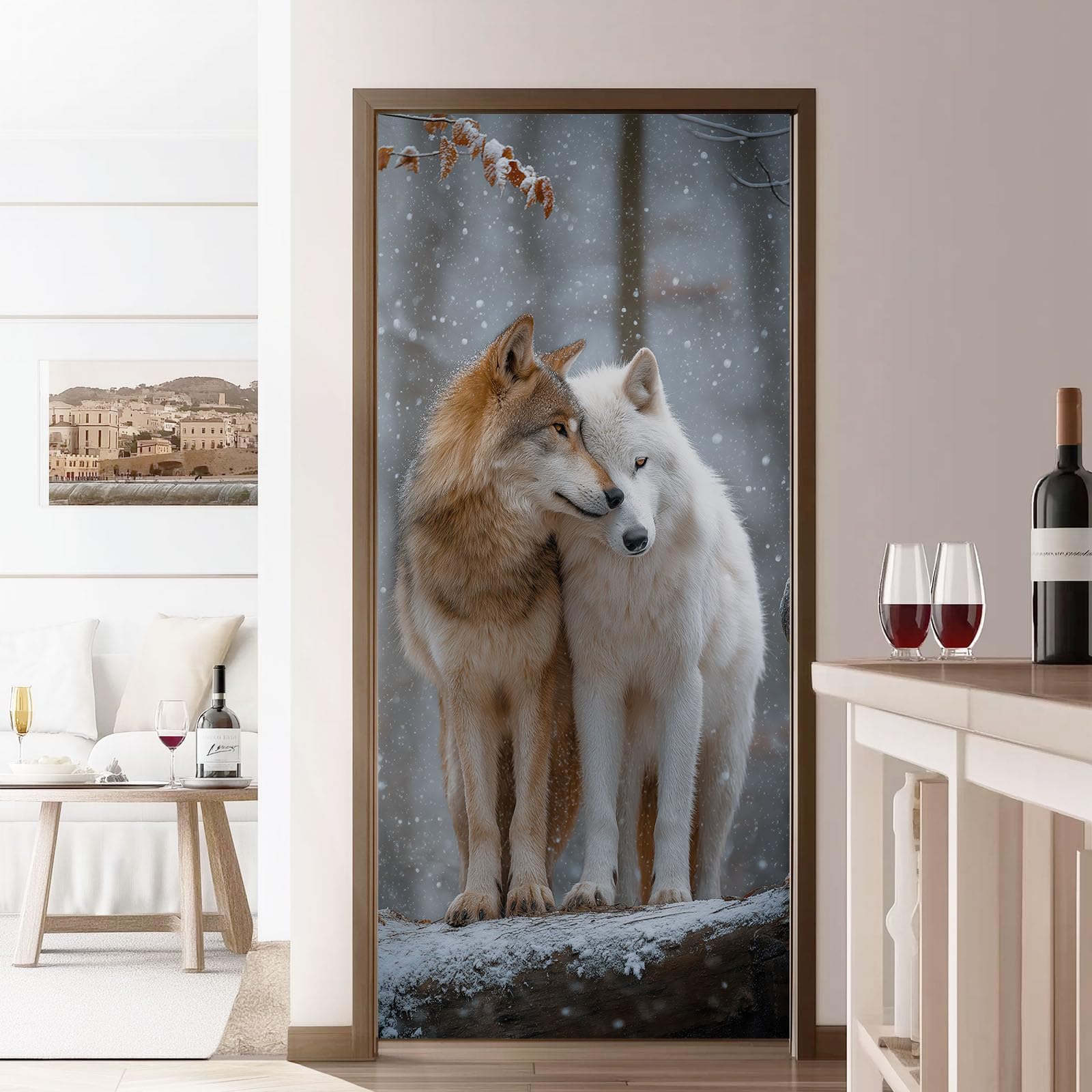 Naklejka 3D na drzwi, wilk, samoprzylepna, plakat na drzwi, natura, las, krajobraz, trwały i wodoszczelny, plakat na drzwi, fototapeta, szara, zdejmowana winylowa naklejka na drzwi, 80 x 210 cm